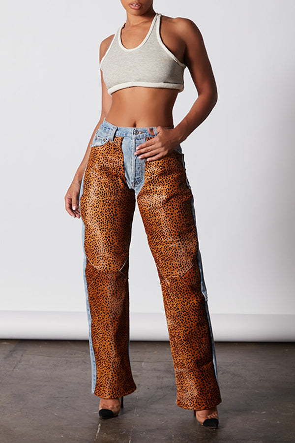 Leopard Patchwork Straight-leg Jeans