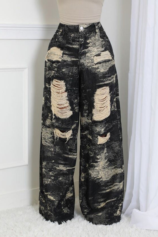 New Spring Washed Ripped Wide-leg Jeans