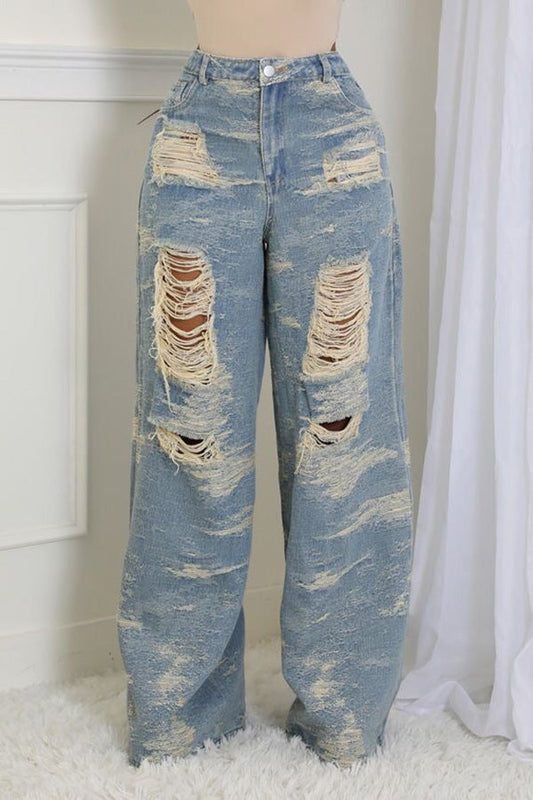 New Spring Washed Ripped Wide-leg Jeans