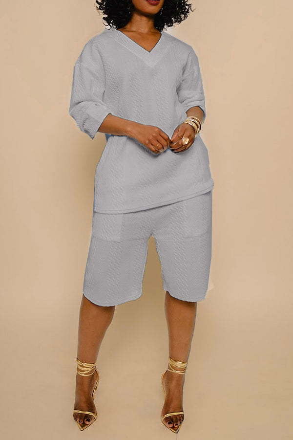 Casual Textured Drop-shoulder Top & Shorts Set