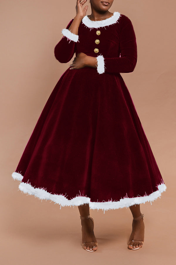 Christmas Pom-pom Trim Velvet Dress