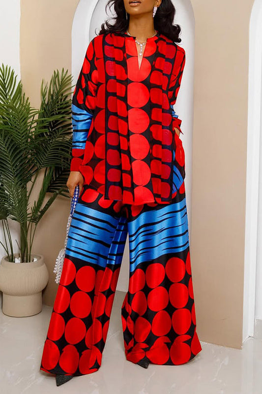 Casual Circle Pattern Top & Wide-Leg Pants Set