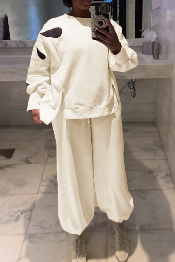 Casual Hem Slit Sweatshirt & Drawstring Sweatpants Set