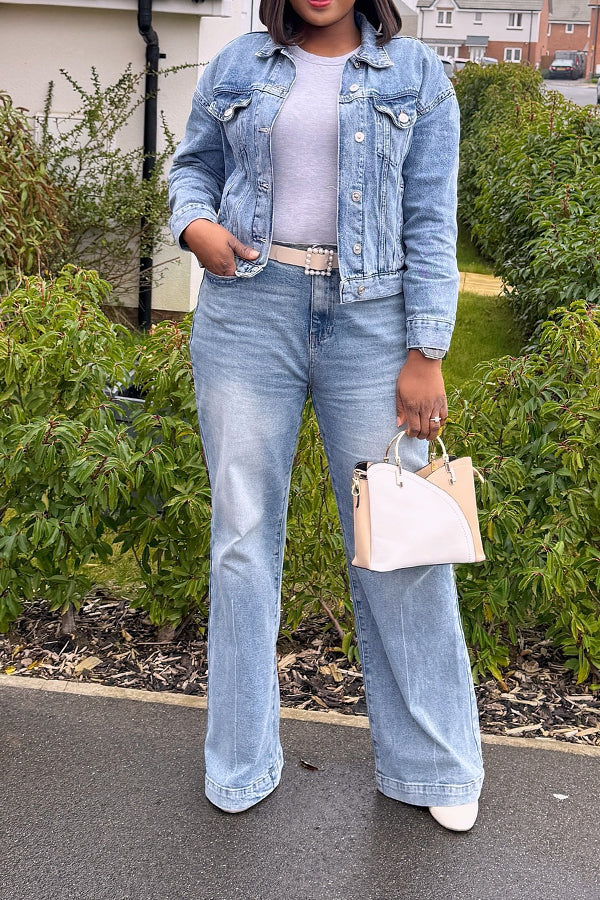 Casual Studded Denim Jacket & bleach Jeans Set