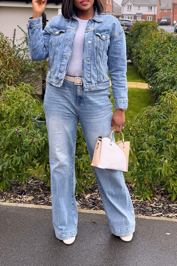 Casual Studded Denim Jacket & bleach Jeans Set