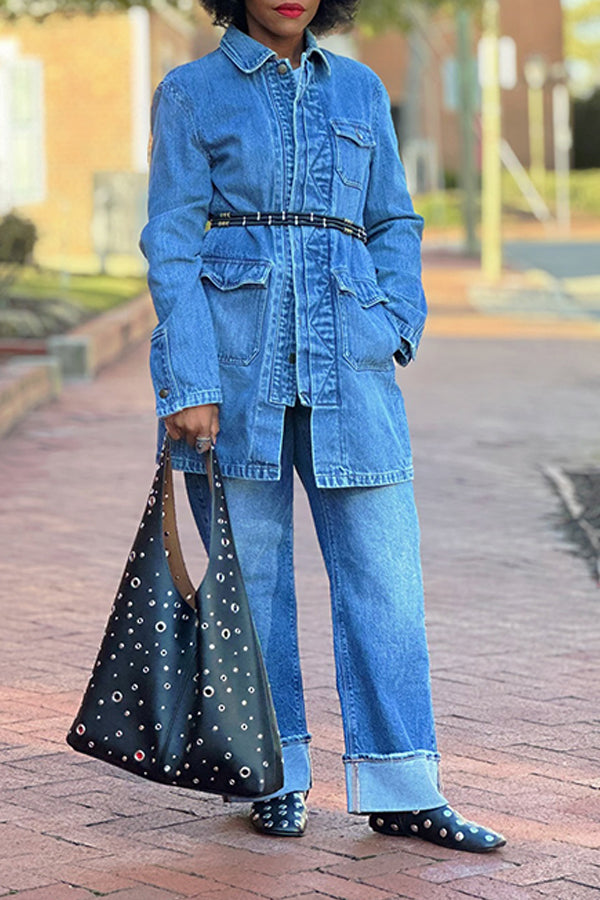 Casual Washed Multi Pocket Denim Jacket & Bleached Jeans Set