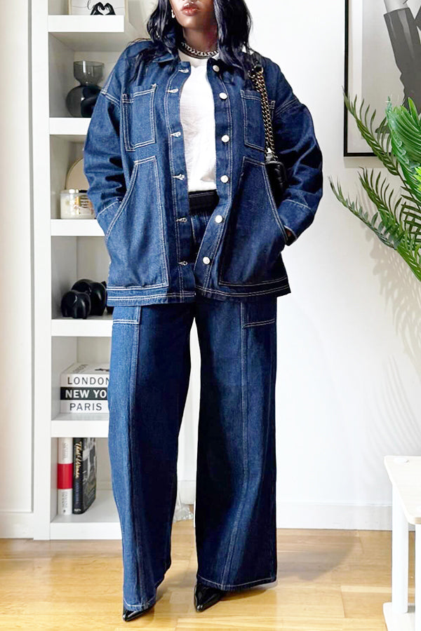 Casual Large Pocket Denim Jacket & Topstitched Jeans Set