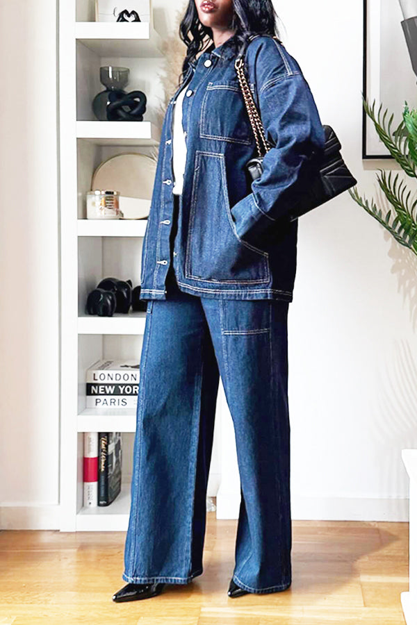 Casual Large Pocket Denim Jacket & Topstitched Jeans Set