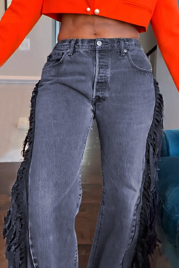 Fashionable Side Seam Fringed Washed Jeans