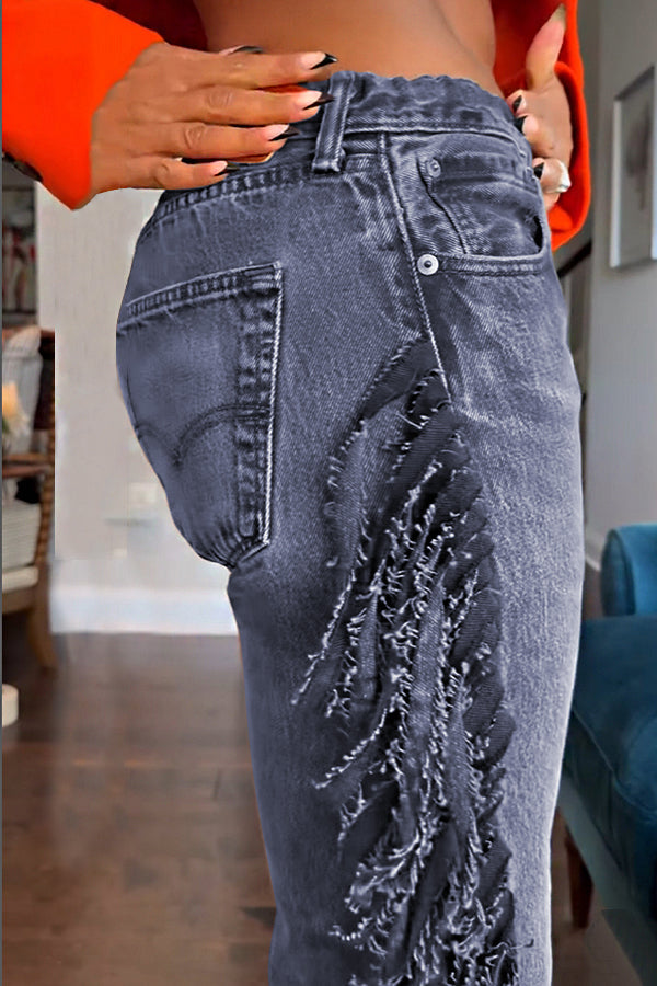 Fashionable Side Seam Fringed Washed Jeans