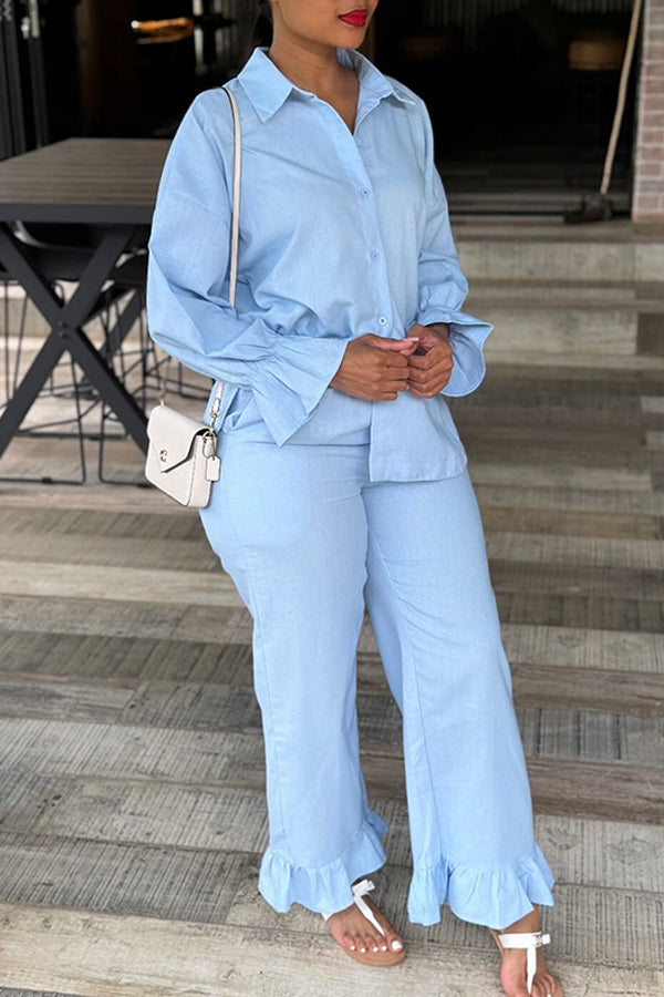 Casual Cotton Bell Cuff Shirt & Ruffled Pant Set