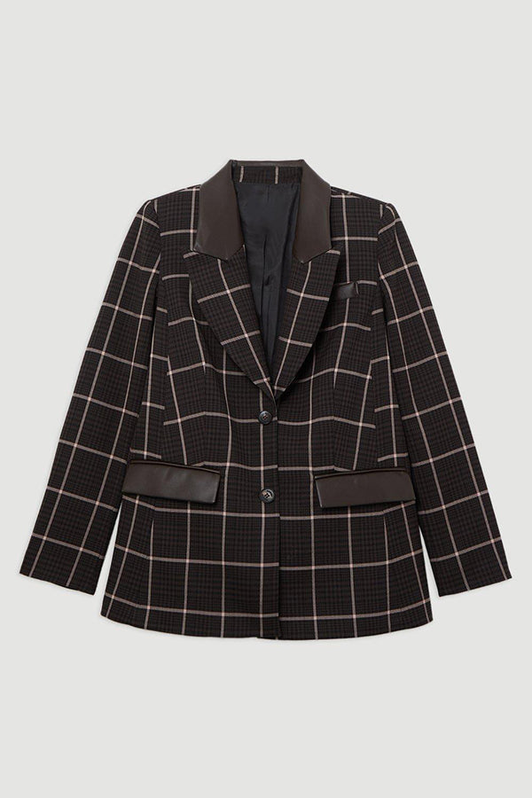 Commuting Plaid Stitching Pu Blazer & Pant Set