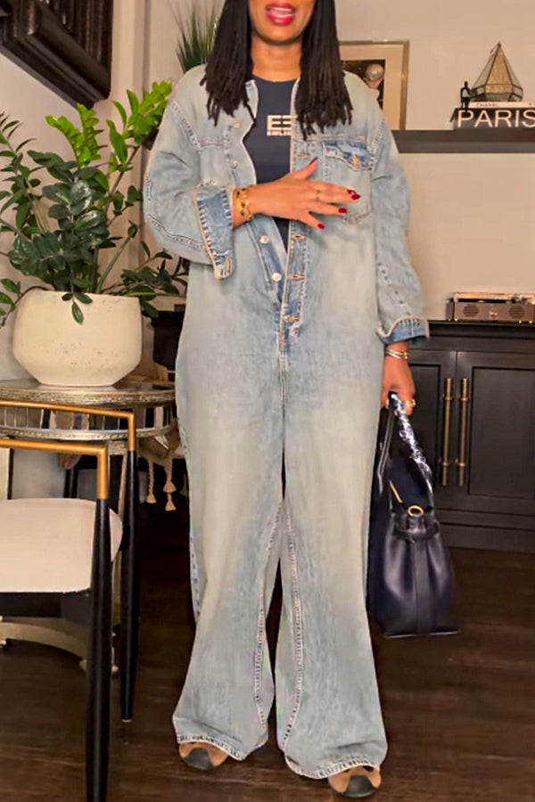 Casual Washed Distressed Wide-leg Denim Jumpsuit