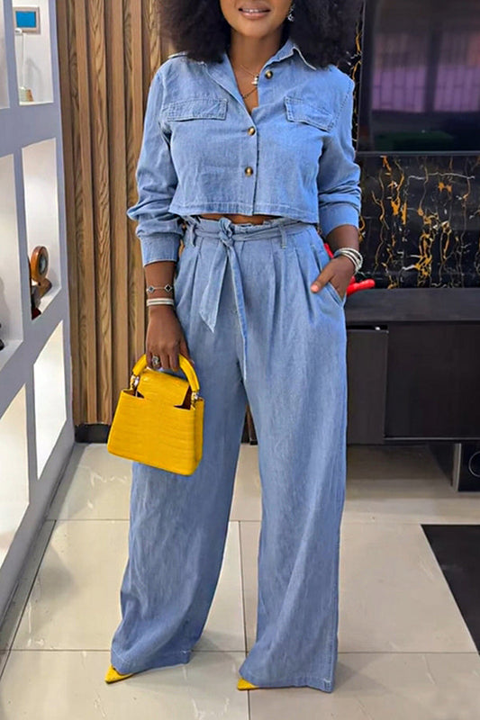 Casual Pocket Denim Shirt & Belted Waist Jeans Set