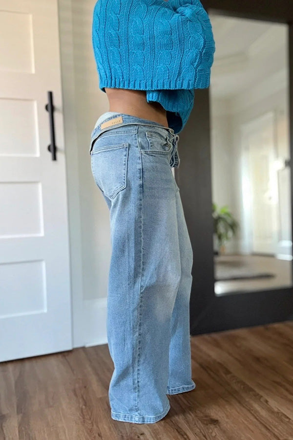 Fashion Asymmetric Rolled Waist Washed Jeans