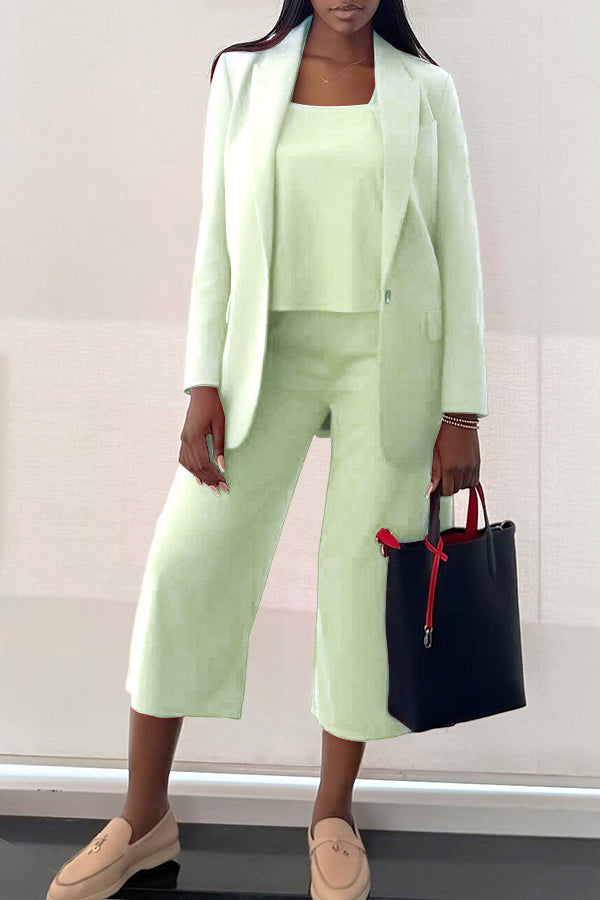 Casual Urban Solid Blazer & Cropped Pants Three Piece Set