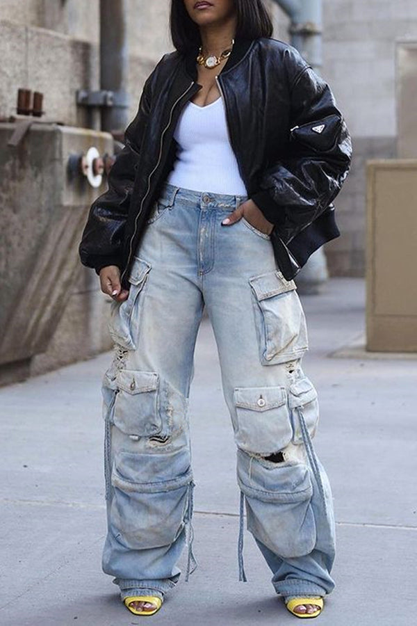 Casual Flap Pocket Ripped Jeans