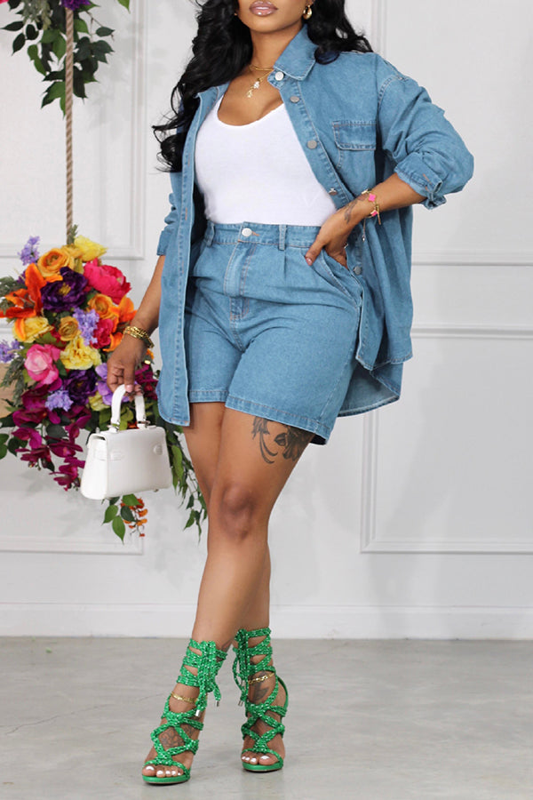 Casual Denim Shirt & Shorts Set