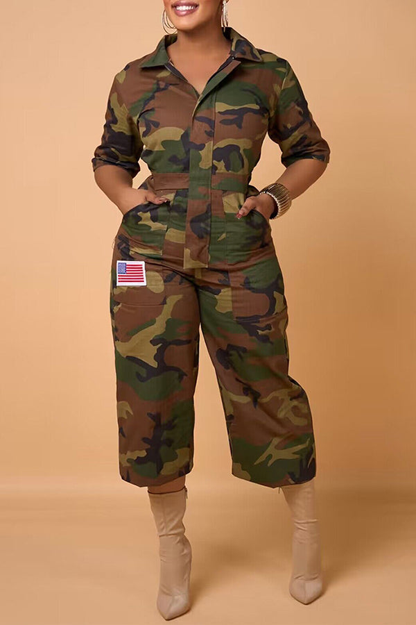 Lapel Camouflage Print Jumpsuit