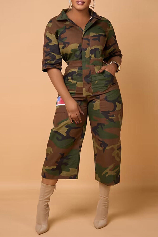 Lapel Camouflage Print Jumpsuit