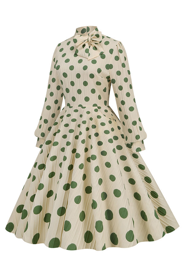 Mock Neck Puff Sleeve Polka Dot Midi Dress