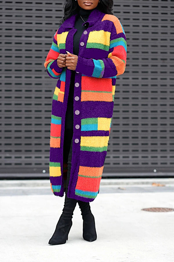 Fashionable Rainbow Striped Lapel Long Cardigan