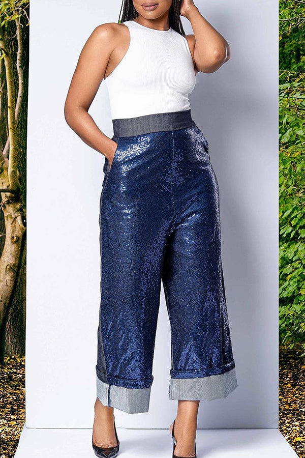 Chic Sequin Panel Straight Leg Pants