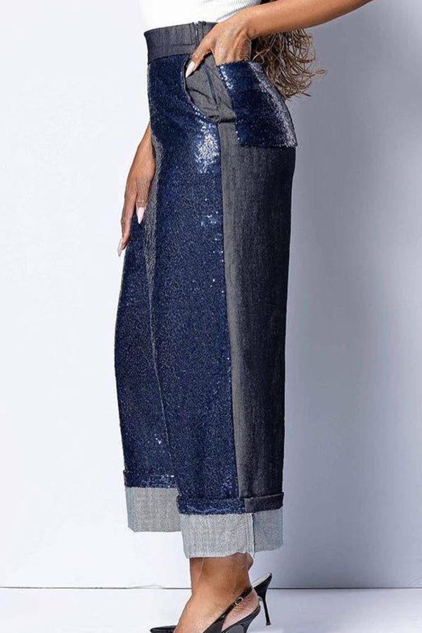 Chic Sequin Panel Straight Leg Pants