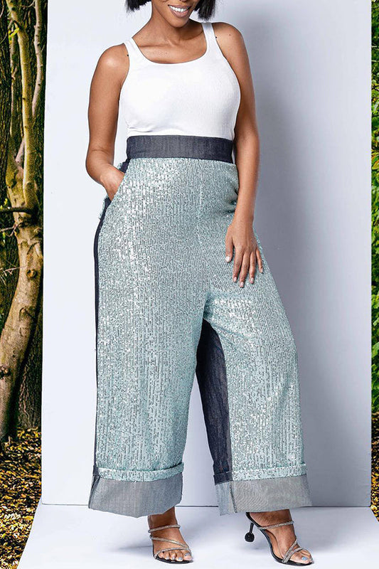 Chic Sequin Panel Straight Leg Pants