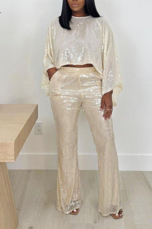 Casual Batwing Sleeve Sequin Top & Pants Set