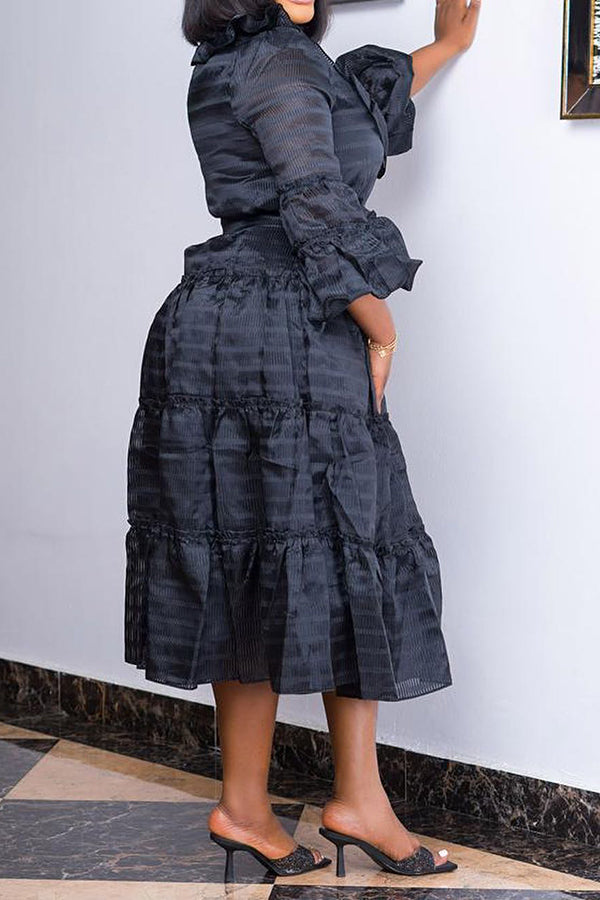 Elegant Frill Trim Layered Ruffle Midi Dress