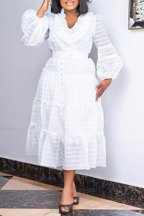 Elegant Frill Trim Layered Ruffle Midi Dress