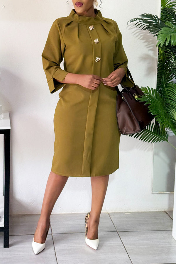 Vintage Mock Neck Solid Midi Dress