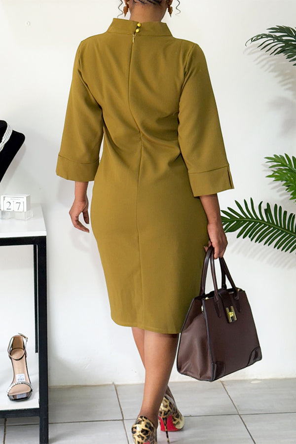 Vintage Mock Neck Solid Midi Dress