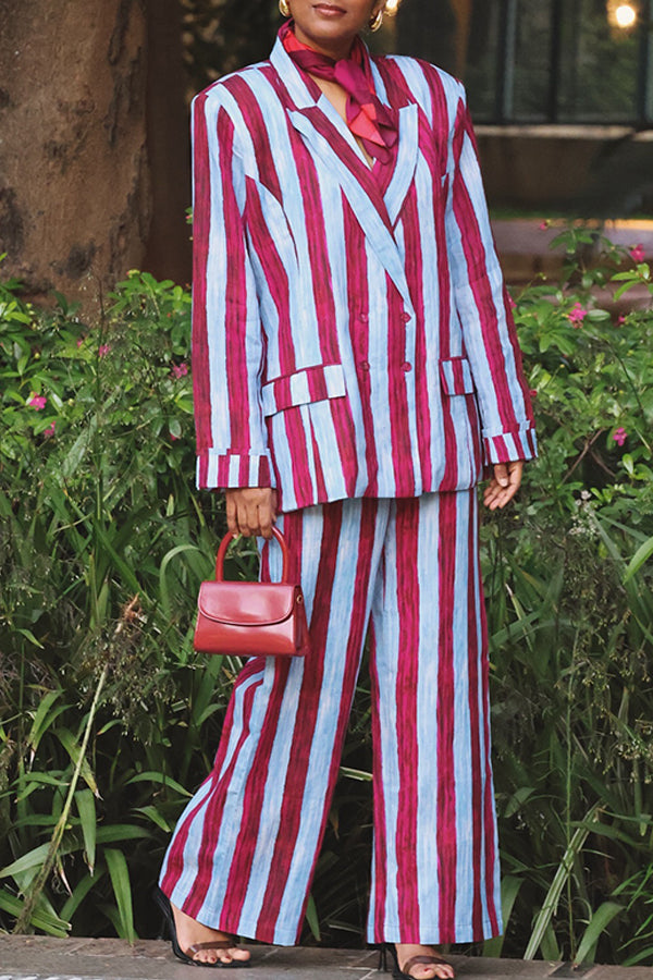 Vintage Striped Peak Collar Blazer & Pants Set