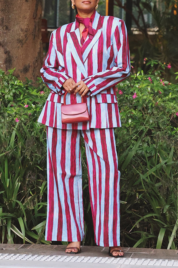 Vintage Striped Peak Collar Blazer & Pants Set