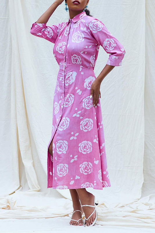 Vintage Rose Print Hollow Back Midi Dress