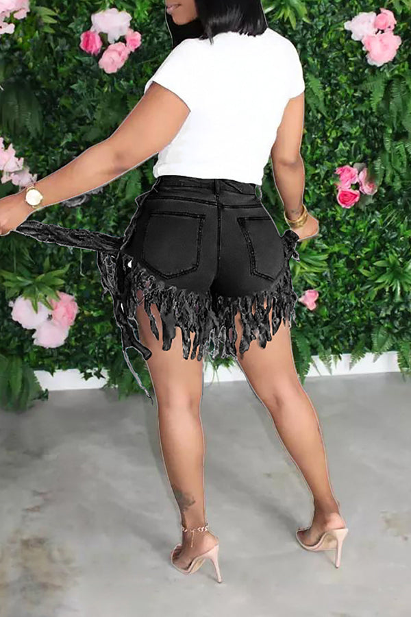 Casual High Waist Denim Fringe Shorts