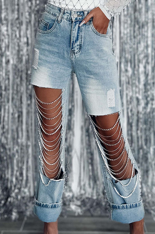 Chic Ripped Fringe Trim Jeans