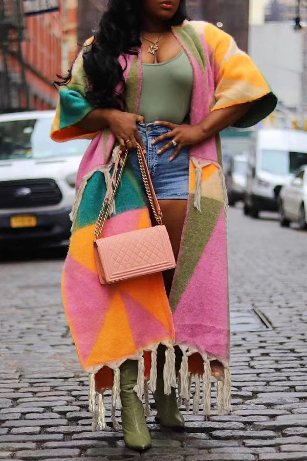 Colourful Colorblock Fringe Hem Coat