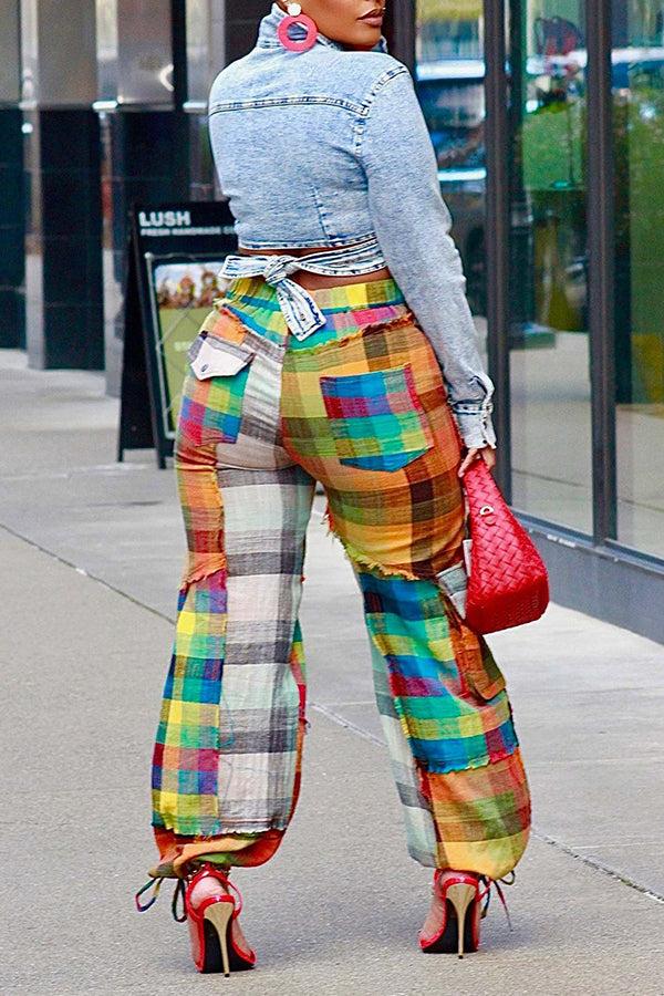 Colorful Plaid Flap Pockets Pants