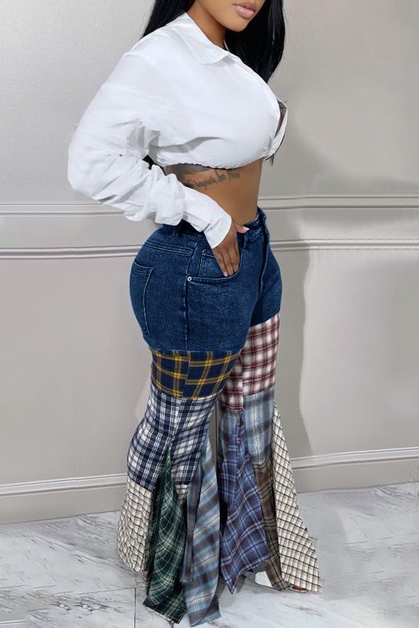 Denim Plaid Ruched Patchwork Jeans