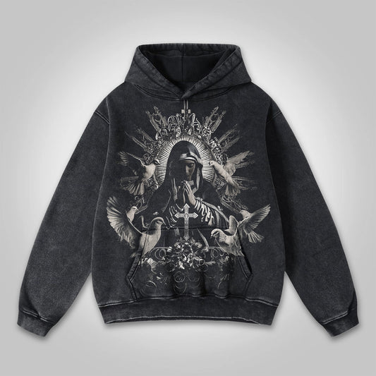 Vercoo Virgin Mary Praying Washed Pocket Hoodie