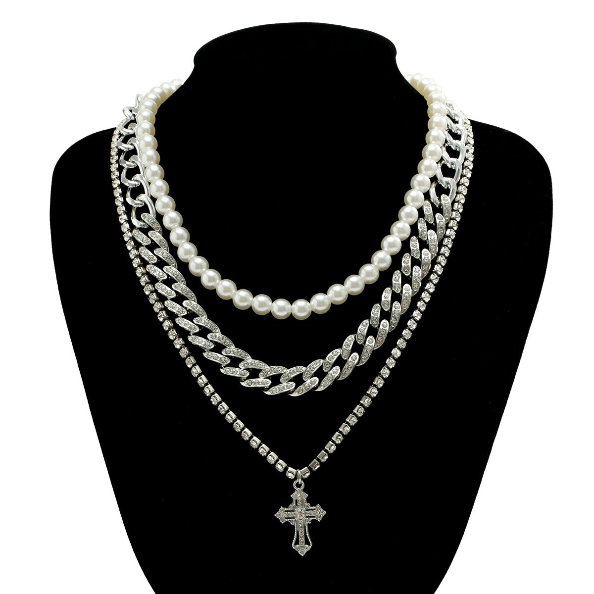 Men's Stylish Stacked Pearl Cross Necklace