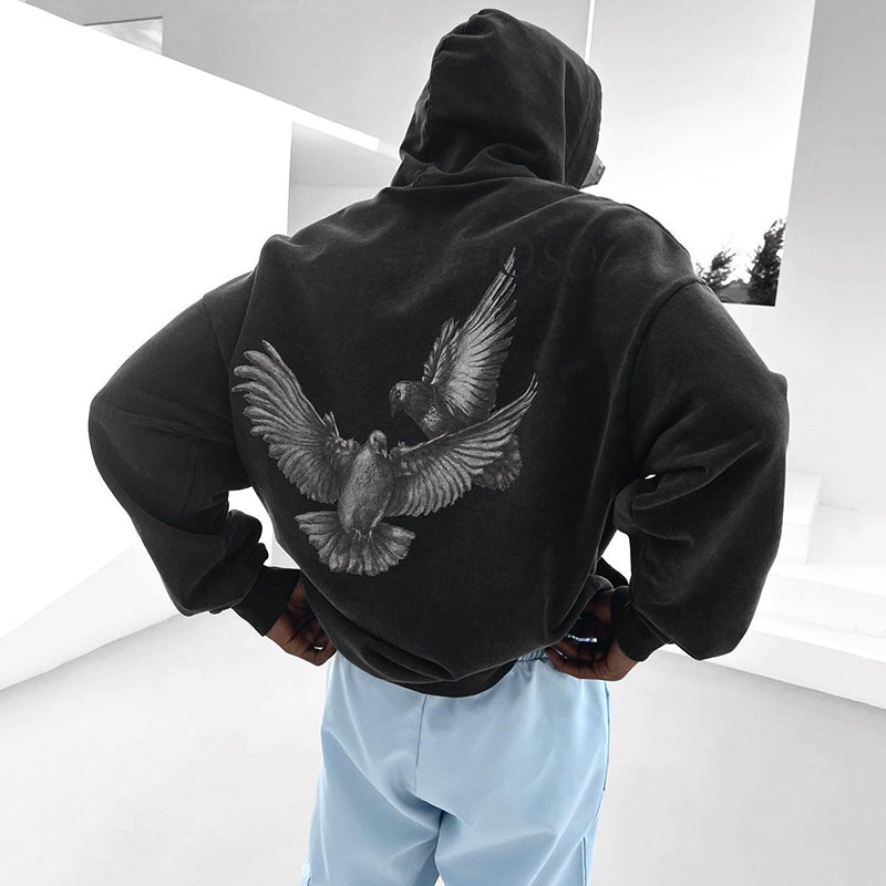 Oversize Vintage Peace Dove Graphic Print Hoodie