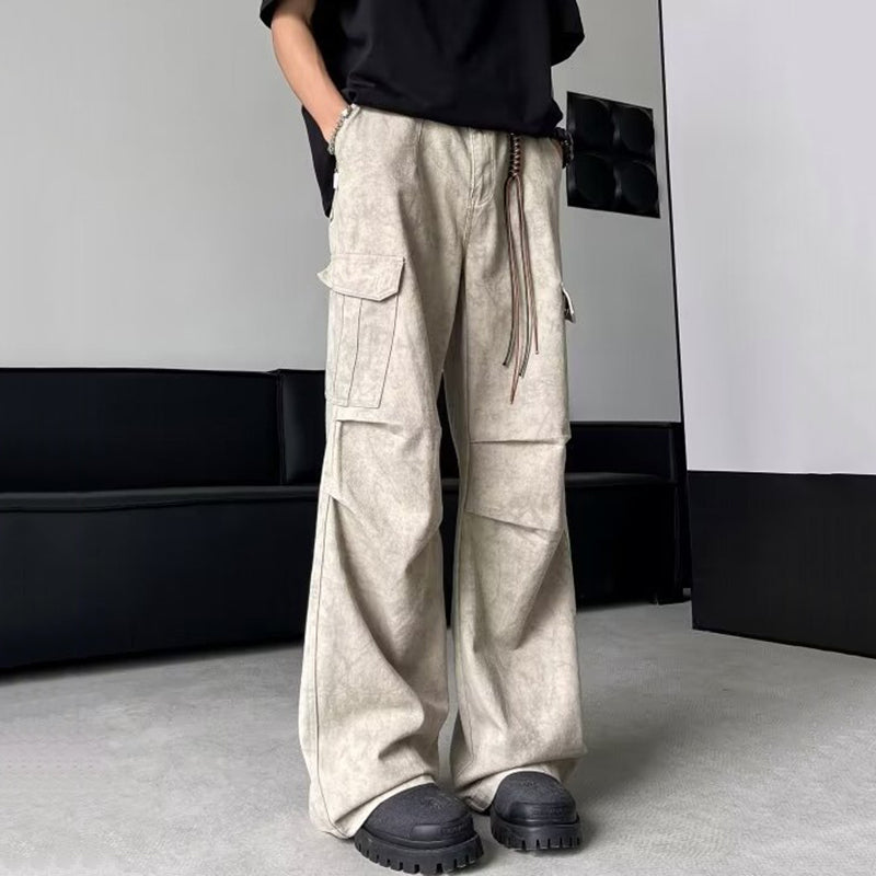 Men's American High Street Pleated Pocket Straight Cargo Paratrooper Pants