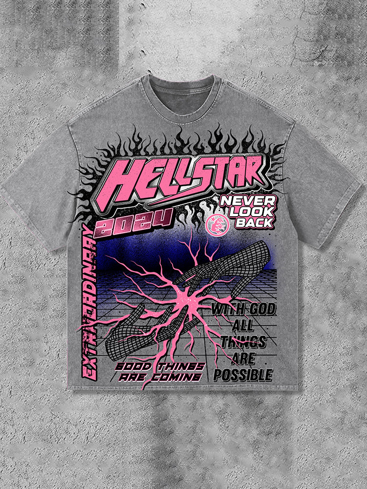 Hstar-2024 New Large Print Pattern Design Acid Washed T-Shirt