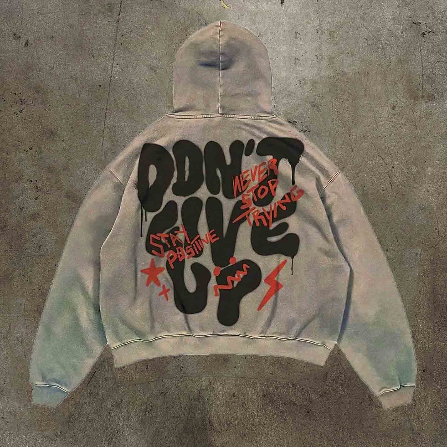 Vercoo Vintage Unisex Don T Give Up Graphic Acid Washed Oversized Hoodie