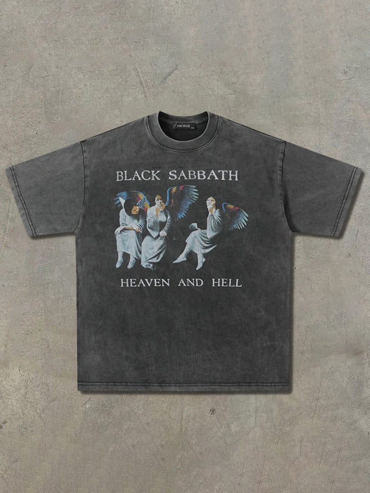 Vintage Heaven And Hell Print Washed T-Shirt