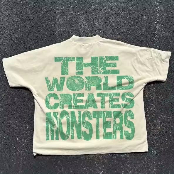 Vintage The World Creates Monsters Graphic Short Sleeve T-Shirt